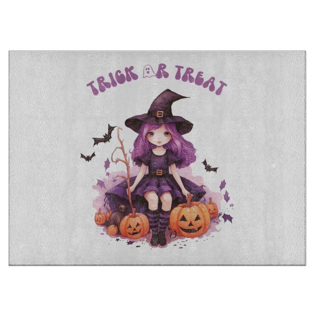Planche À Découper Trick ou traiter la sorcière violette Citrouilles  (Devant)
