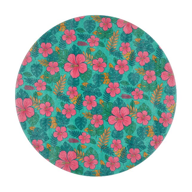 Planche À Découper Tropical Hibiscus and Palm Leaf Pattern  (Devant)