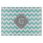 Turq/Aqua White Chevron Gray Quatrefoil monogram