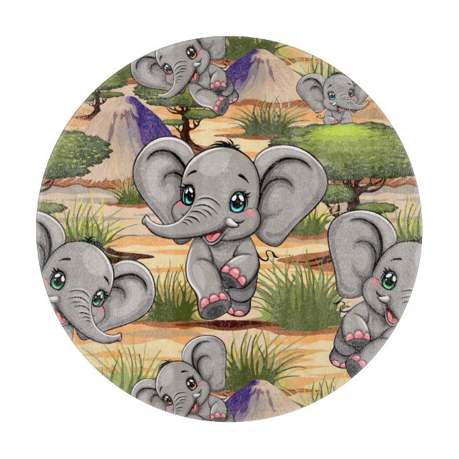 Planche À Découper Un bébé éléphant qui sonne heureux dans la savane  (Devant)