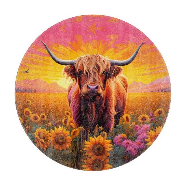 Planche À Découper Vache Highland dans les tournesols à Sunrise (Devant)