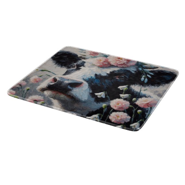 Planche À Découper Vache Holstein dans les fleurs Agritourisme peintu (Coin)