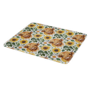 Planche À Découper Vaches Highland et fleurs de tournesol jaune