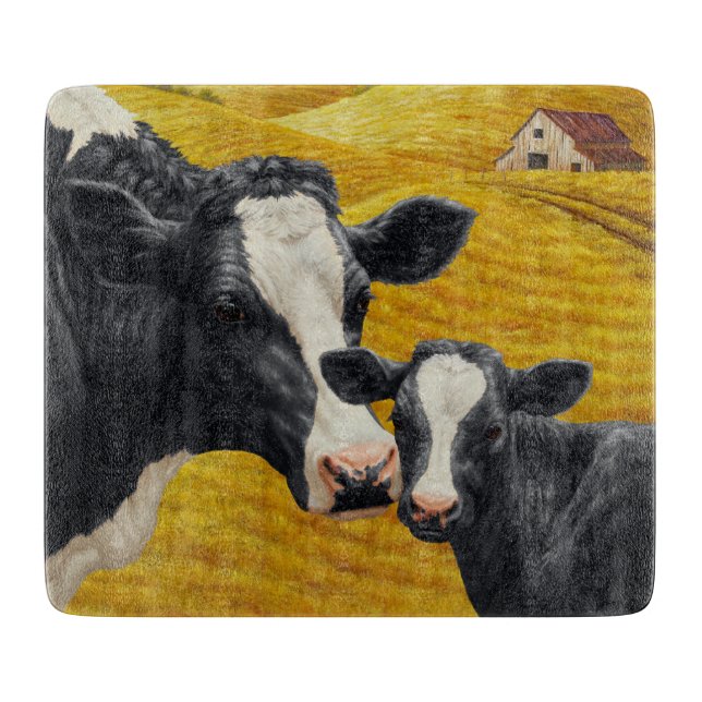Planche À Découper Vaches Holstein et vieille grange en bois (Devant)