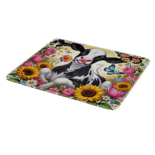 Planche À Découper Veau dans un monde floral et papillon vibrant