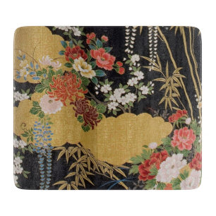 Planche À Découper Verre floral japonais traditionnel or