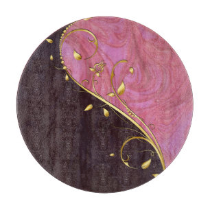 Planche À Découper Verre rond Feuille d'or fleuri rose bordeaux
