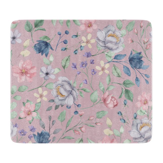 Planche À Découper Verre rose bleu et jaune fleuri pourpre (Devant)