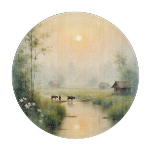 Planche À Découper Village vietnamien sous la brume du matin, art à l