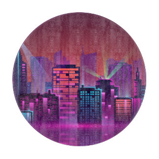 Planche À Découper Ville de nuit au néon lumineux, vintage.