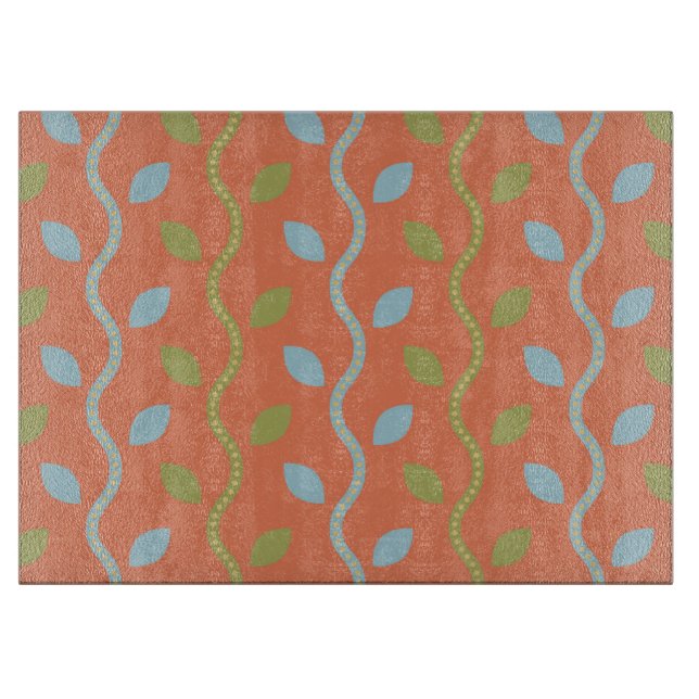 Planche À Découper Vins bleus et verts rétro sur motif floral orange (Devant)