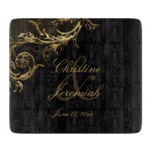 Vintage Black Gold Floral Damask Script Mariage