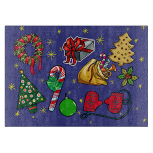 Planche À Découper Vintage de Noël rétro couleur bleu rouge vert