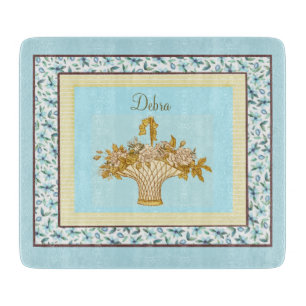 Planche À Découper Vintage Monogramme bleu rose et fleurs jaunes