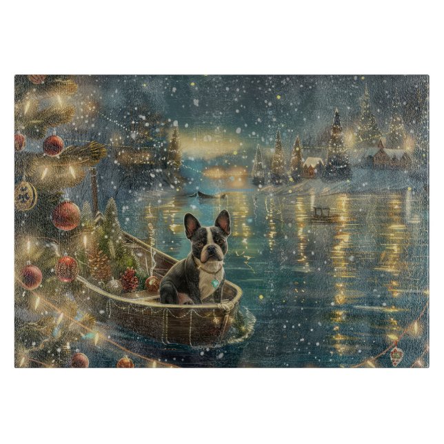 Planche À Découper Voyage festif de Noël de Boston Terrier (Devant)