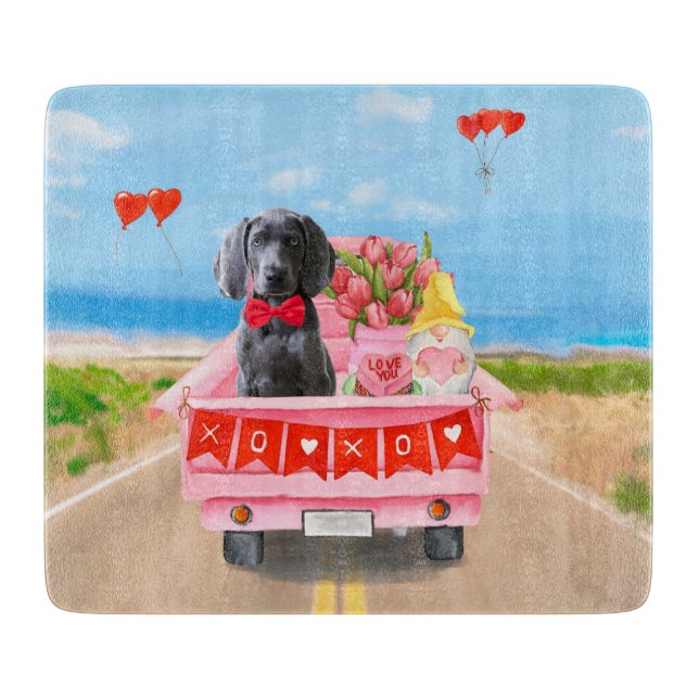 Planche À Découper Weimaraner Chien Valentine's Day Coeurs de camion (Devant)