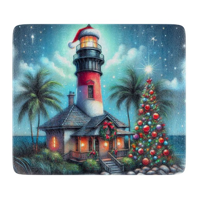 Planche À Découper Whimsical Tropical Christmas Lighthouse Turquoise  (Devant)