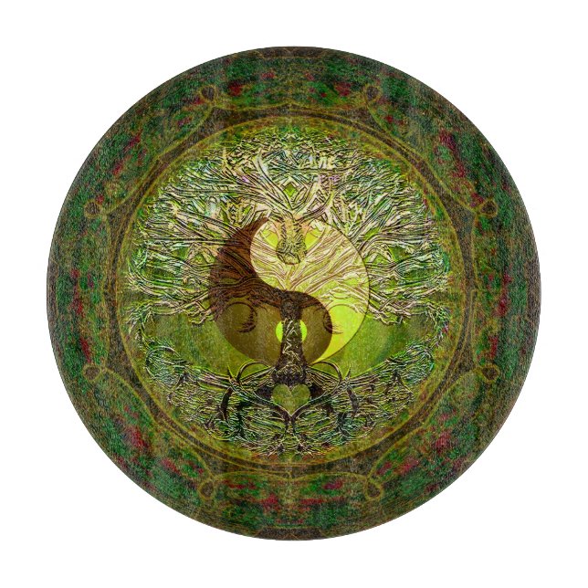 Planche À Découper Yin vert Yang avec l'arbre de la vie (Devant)