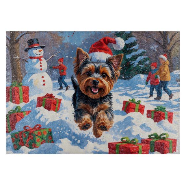 Planche À Découper Yorkshire Terrier en neige avec Casquette de Noël (Devant)