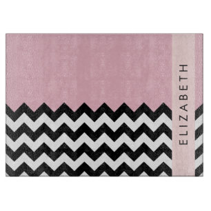 Planche À Découper Zigzag noir et blanc, Chevron, rose, Votre nom
