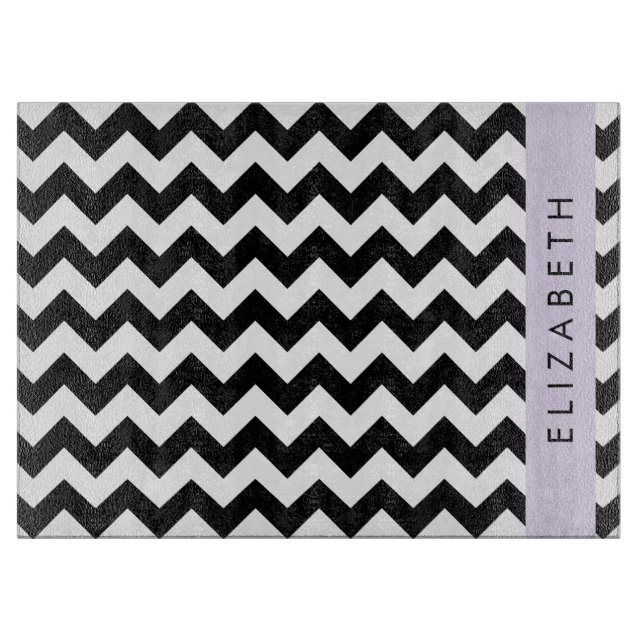 Planche À Découper Zigzag noir et blanc, Motif Chevron, Votre nom (Devant)
