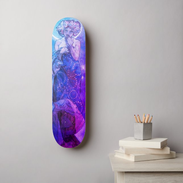 Planche de skateboard au clair de lune, teintes bl (Art mural)