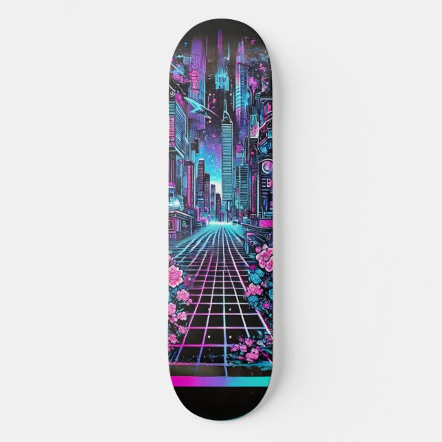 Planche de skateboard Cyberpunk Cityscape – Néon (Recto)