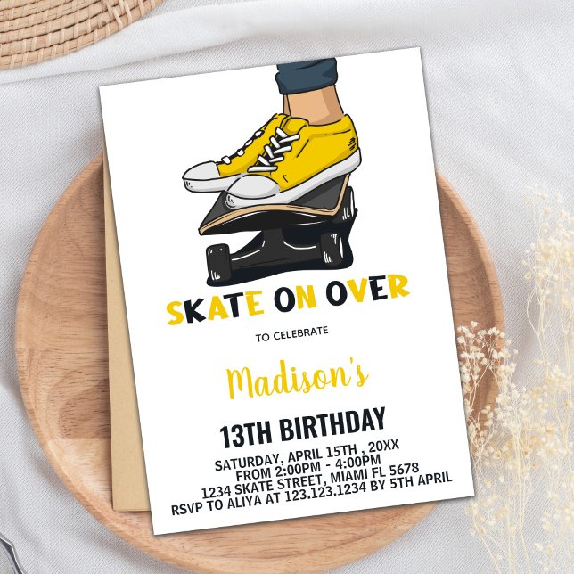 Planches à roulettes Jaune Noir Invitations Annive (Yellow Black Skateboards Birthday Invitations)