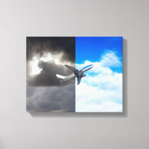 Plane flying out of stormy sky into blue sky canvas print