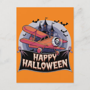 Plane flying over happy halloween banner  postcard