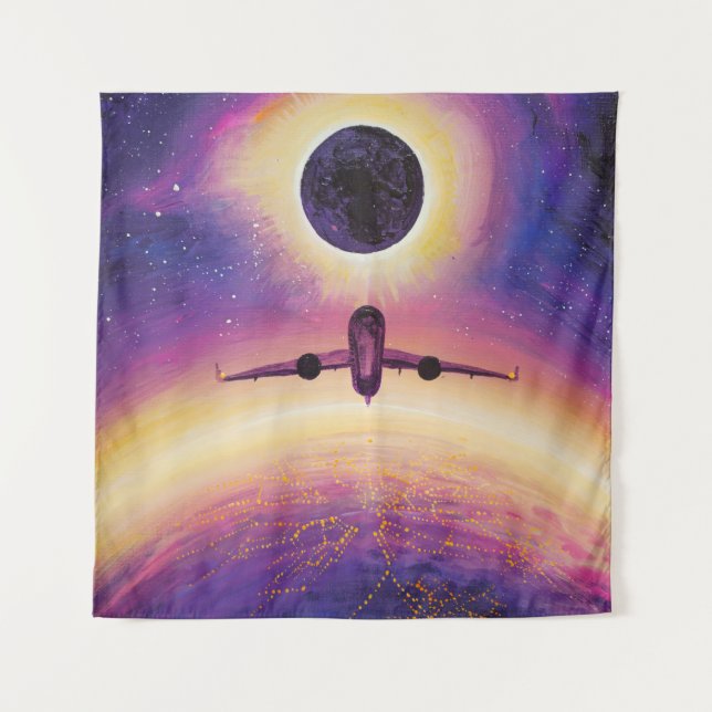Plane in flight city and eclipse tapestry (Front)