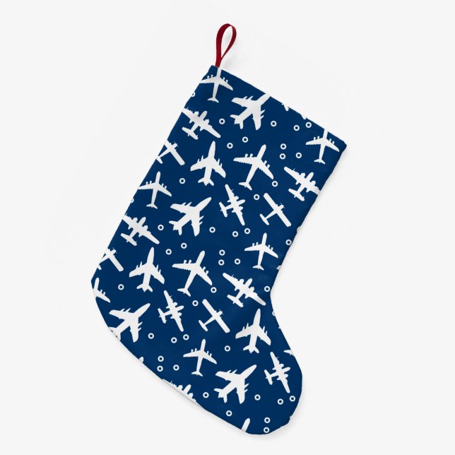 Plane Spotters Blue and White Airplane Pattern Small Christmas Stocking (Front (Hanging))