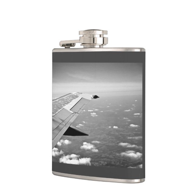 Plane Themed, Grayscale Airplane Wings Flying Over Hip Flask (Left)
