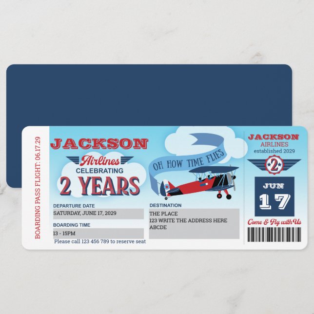 Plane ticket, Airplane, up up and away, 2nd Invitation (Front/Back)