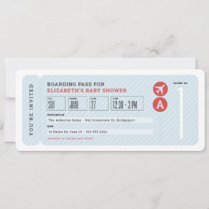 Plane ticket travel theme blue baby shower invitation
