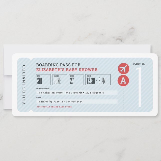 Plane ticket travel theme blue baby shower invitation (Front)