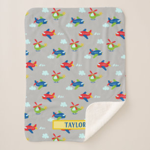 Planes, Helicopters & Clouds Artwork Lt Grey, Name Sherpa Blanket