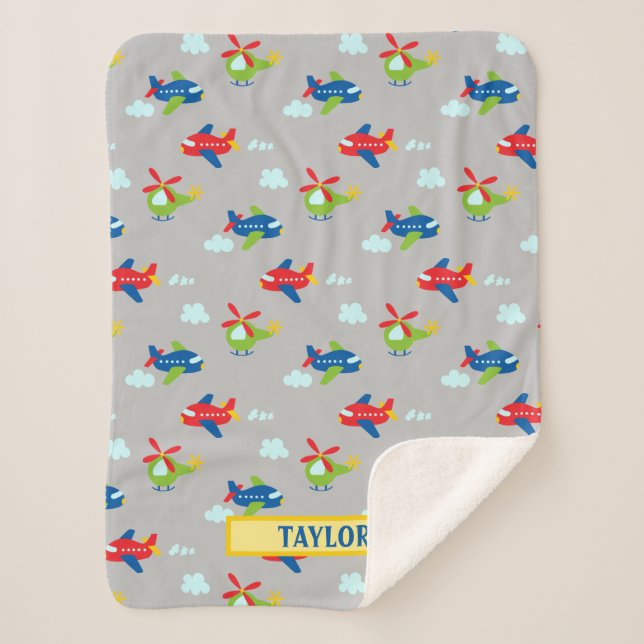 Planes, Helicopters & Clouds Artwork Lt Grey, Name Sherpa Blanket (Front)