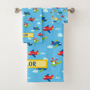 Planes Helicopters Clouds Artwork Lt Sky Blue Name Bath Towel Set