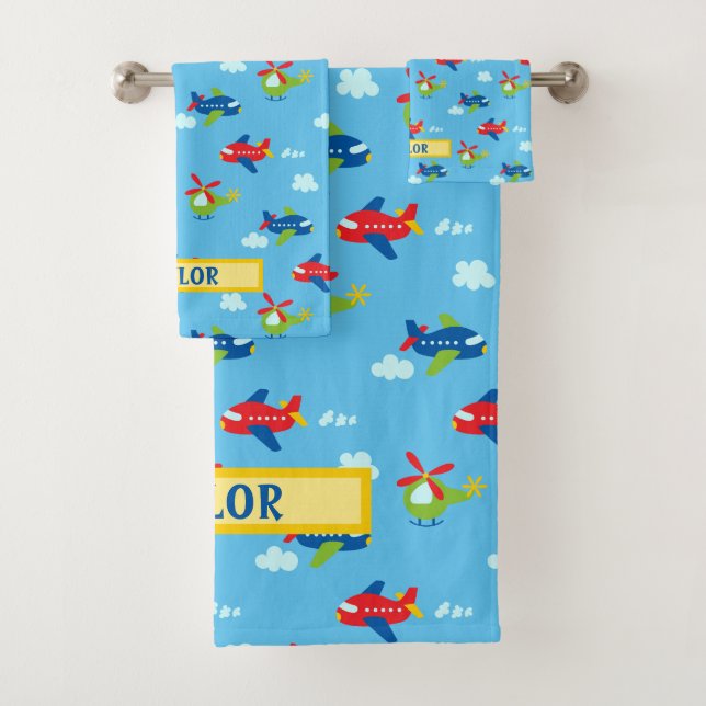 Planes Helicopters Clouds Artwork Lt Sky Blue Name Bath Towel Set (Insitu)