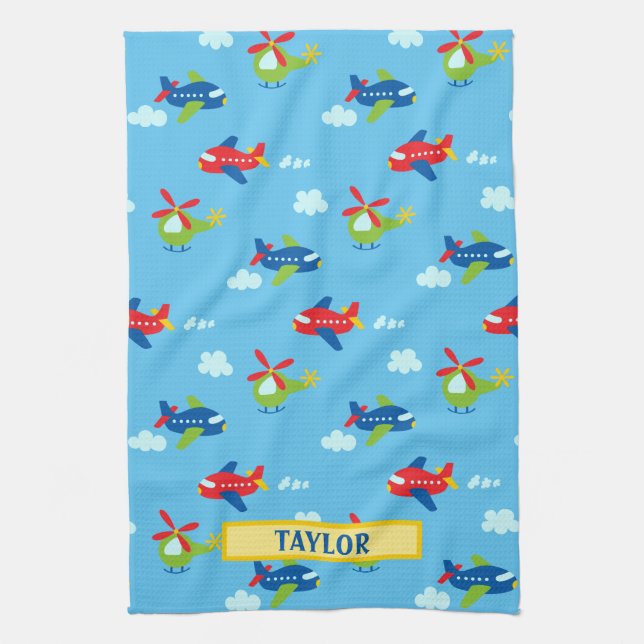 Planes Helicopters Clouds Artwork Lt Sky Blue Name Kitchen Towel (Vertical)