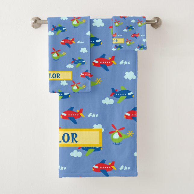 Planes, Helicopters & Clouds Artwork on Blue, Name Bath Towel Set (Insitu)