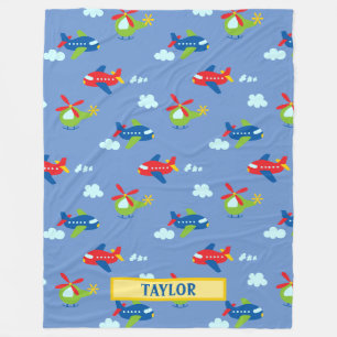 Planes, Helicopters & Clouds Artwork on Blue, Name Fleece Blanket