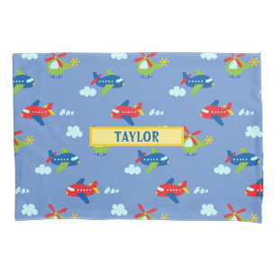 Planes, Helicopters & Clouds Artwork on Blue, Name Pillowcase