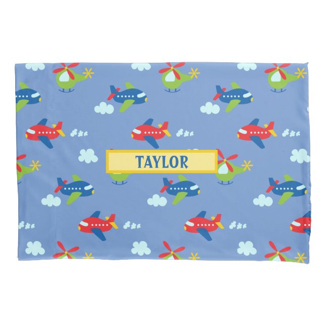 Planes, Helicopters & Clouds Artwork on Blue, Name Pillowcase (Front)