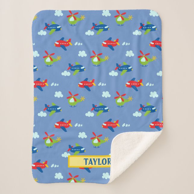 Planes, Helicopters & Clouds Artwork on Blue, Name Sherpa Blanket (Front)
