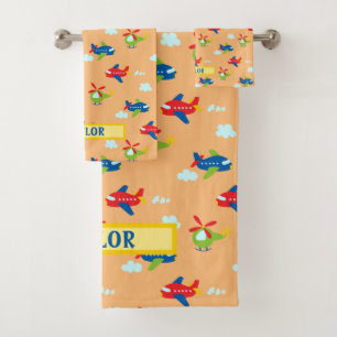 Planes, Helicopters & Clouds Artwork on Peach Name Bath Towel Set