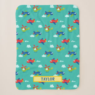 Planes, Helicopters & Clouds Artwork on Teal, Name Sherpa Blanket