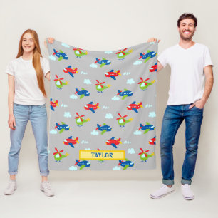 Planes, Helicopters & Clouds Cartoon Lt Grey, Name Fleece Blanket