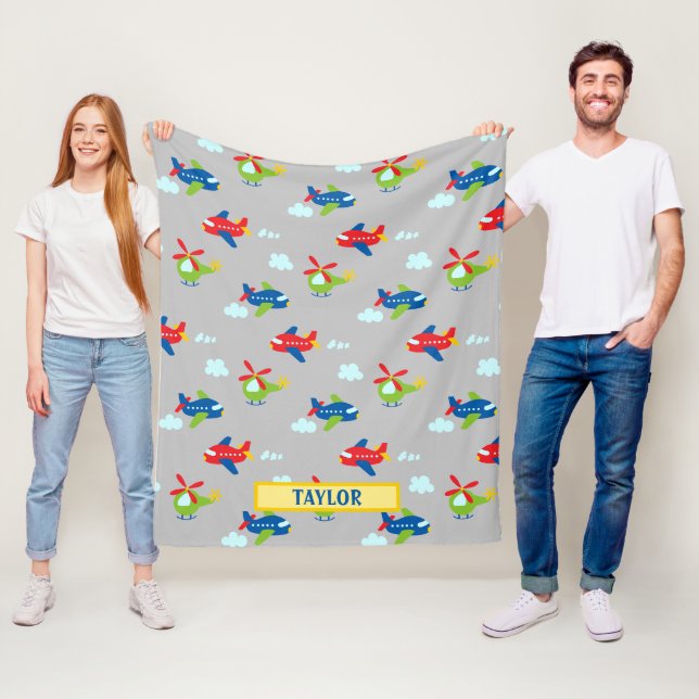 Planes, Helicopters & Clouds Cartoon Lt Grey, Name Fleece Blanket (In Situ)